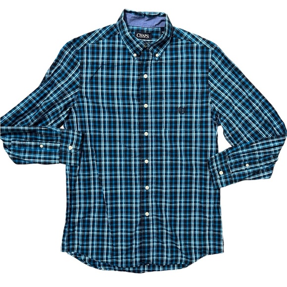 Chaps Long Sleeve Shirt Mens Small S‎ Plaid Button Down Blue Turquoise Easy Care - Picture 1 of 8